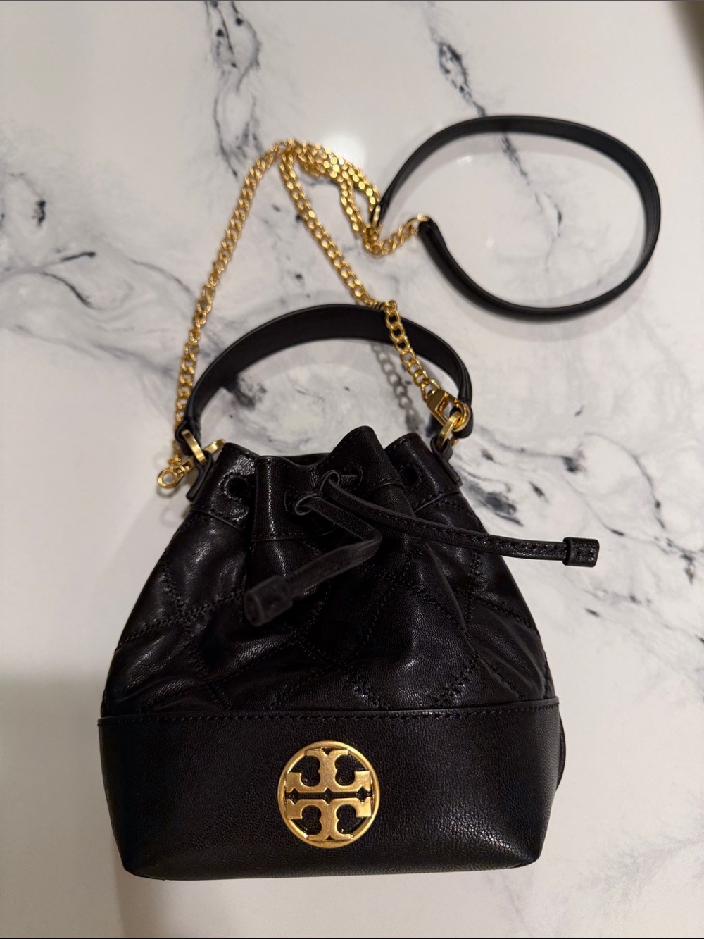 Tory Burch Black Leather Drawstring Mini Bucket Bag with Gold Logo
